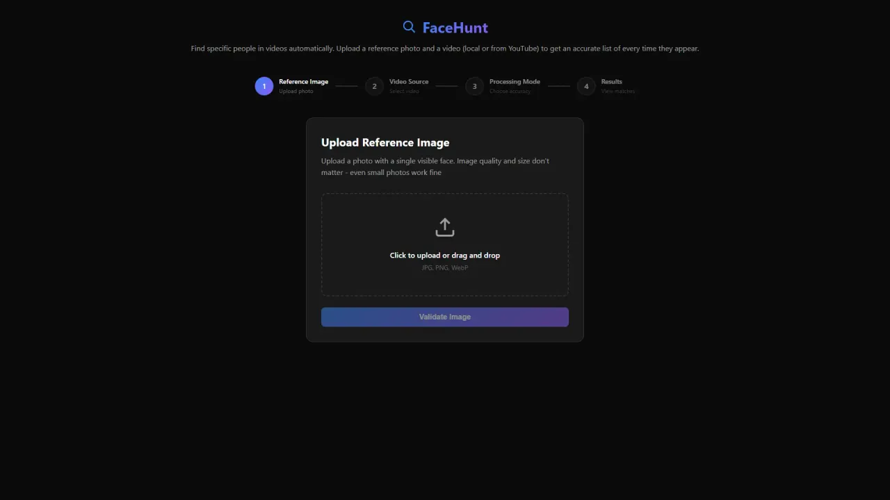 La interfaz web de la primera versión de FaceHunt, en el paso de carga de la foto de referencia.