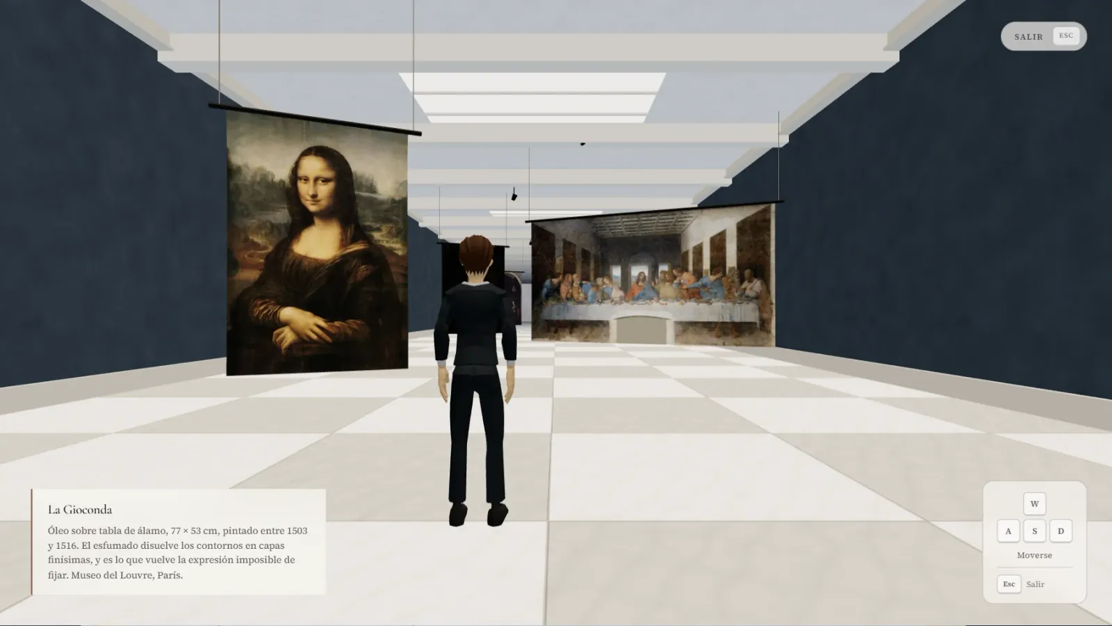 La sala del museo con La Gioconda y La Última Cena, el avatar del visitante y la ficha de la obra.